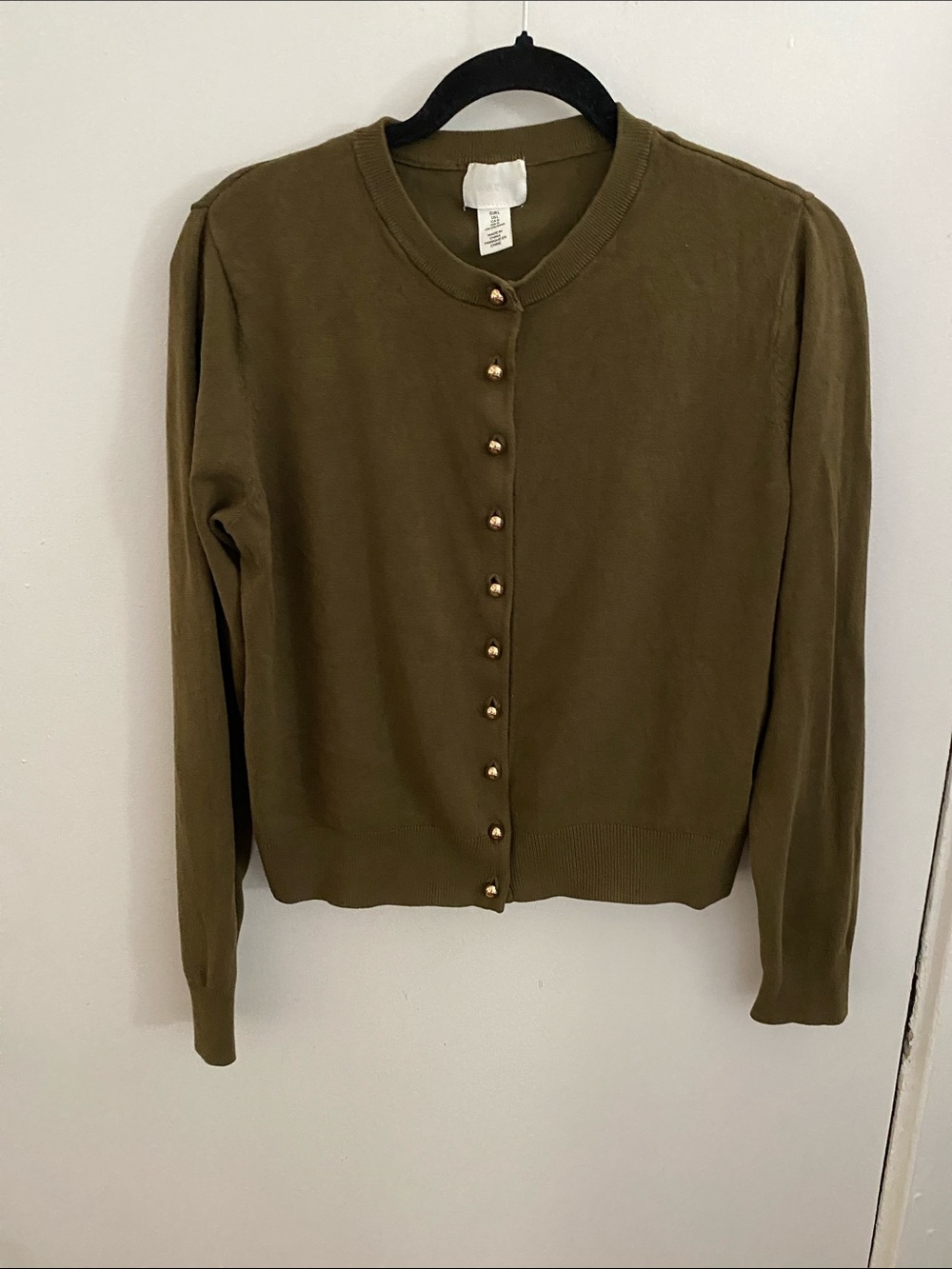 H&M Olive Green Button-Front Crewneck Cardigan with Gold Buttons